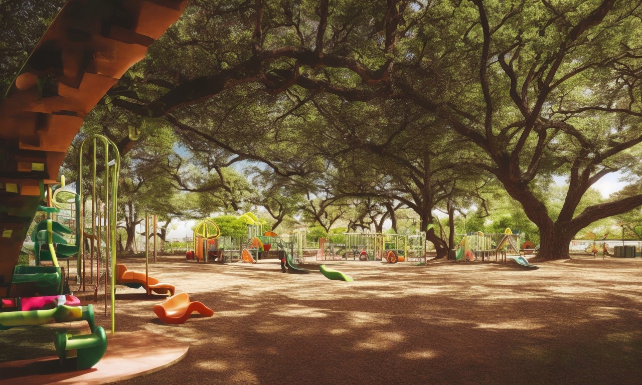 树荫中的儿童公园，远处有游乐设施